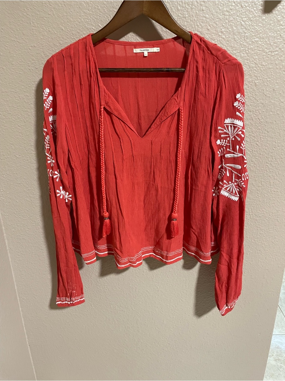 Tularosa Revolve  red orange Embroidered Peasant Blouse Romantic Flowy